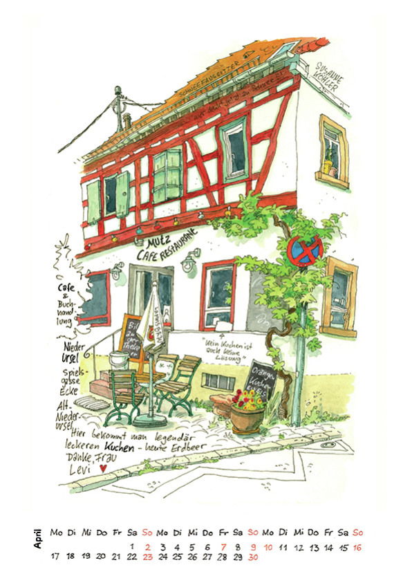 Im Cafe Mutz in Niederursel kann man sich erholen. Urban Sketching von Susanne Köhler Kalender 2023
